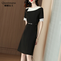  Queen Nana black dress autumn 2019 new waist fashion simple oblique collar skirt female 35969