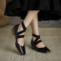 2021 new vintage medium heel shoes women Hepburn Mary Jane shoes French ballet shoes wear square head thick heel