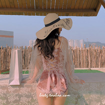 Mimoi pink conjoined conservative fairy fan ins Wind belly sexy transparent velvet gauze sleeve swimsuit women