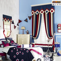  Childrens room blackout curtains Environmental protection American bay window Boys bedroom room cotton hemp red white and blue stripes Captain America