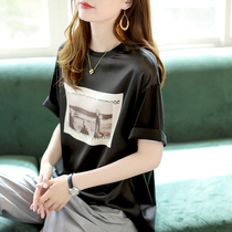 Baoshili round neck printed mulberry silk short-sleeved T-shirt womens spring 2021 new loose retro short top
