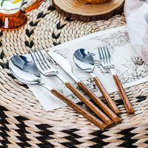 Sakura on Huazha stainless steel knife and fork spoon imitation wood handle steak knife and fork table knife fork soup spoon Western food tableware set