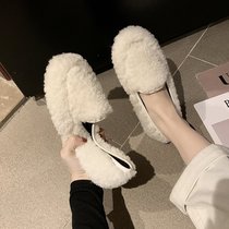 Net red bean shoes womens Korean edition plus velvet cotton shoes Flat scoop womens shoes 2020 autumn and winter wear a pedal fluffy shoes