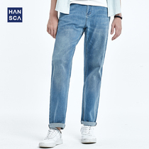  Hanska spring and summer stretch thin jeans mens loose straight large size light-colored wide-leg casual trousers tide