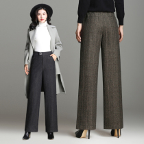 Wool tweed wide leg pants women autumn and winter new vertical stripe casual woolen trousers high waist loose plaid straight pants