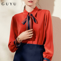 Bow-knot shirt womens long-sleeved design sense niche 2022 autumn temperament professional shirt fashion red chiffon top