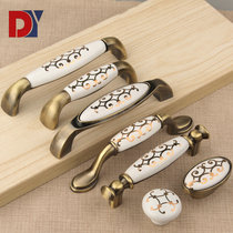 Buy big gold flower ceramic handle pastoral style European wardrobe handle antique copper cabinet door handle drawer handle