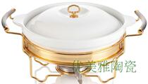 Premium elegant new hotel solid color tableware soup soup pot with rack set big soup bowl ceramic gold insulation heating