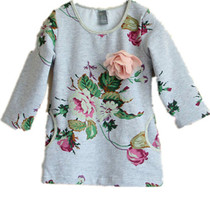 Small and medium-sized childrens Korean spring new temperament long-sleeved gray flower dress pure cotton sweater bottoming shirt T-shirt skirt