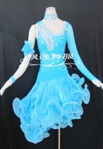 New national standard Latin dance dress rehearsal for race dress precisely denim rumba big swing dress woman dynamic lake blue