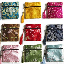 Pottery edge high-grade brocade zipper embroidered bag copper coin tassel auspicious Coin Coin purse high-grade beads jewelry bag