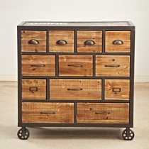 European loft furniture 12 drawers iron wood four-wheel cabinet storage cabinet American country old vintage craft style
