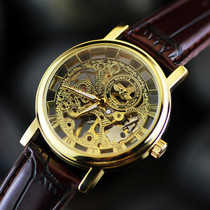 Mens watch manual winding hollow mechanical watch retro watch belt watch big dial mens watch