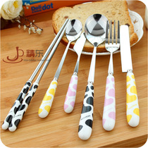 Korean Cute Dairy Cow Tattoo Ceramic Stainless Steel Knife Fork Spoon Chopsticks Suit Portable Cutlery Cake Spoon Fruit Fork