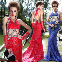 Olélan Gui Workshop Walking Show Fashion Hang Neck Sexy Dew Back Evening Dress Nag Bead Trailing Long Dress Banquets Walking Show