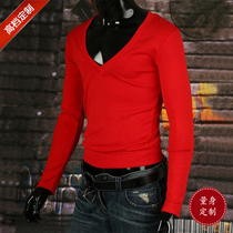 Spring and autumn new mens T-shirt Long sleeves Big V neckline Stylish Beating Undershirt Leka Cotton Red Volume