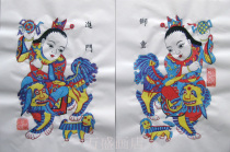 Yangjiabu woodblock New Year pictures that can be put into the water the New Year paintings DIY line small lion boy enter the door Yang Fuyuan