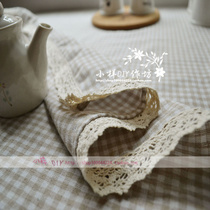 Khaki small plaid cotton linen tablecloth finished with lace beautiful tablecloth size can be customized