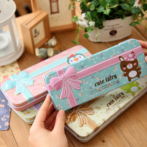 Korean creative stationery lace knot bow double-layer iron stationery box cartoon cute storage pen box pencil box
