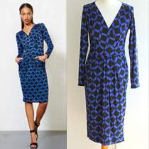 Blue chequered pattern V neckline with slim wrap dress company workplace office (clear warehouse special price)