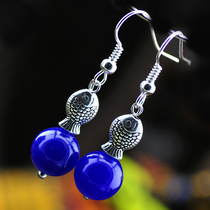 Retro original 10mm blue agate seedling Silver small fish earrings womens jewelry Chinese National style 358E