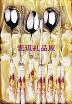 South Korea imported Italian rose quality 18-10 stainless steel ceramic handle eating spoon chopsticks flat chopsticks 3p