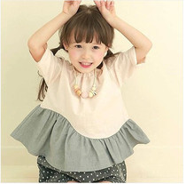 Spring and summer thin section Korean girls hit color mid-sleeve loose doll skirt pure cotton childrens lotus leaf lace bottoming shirt