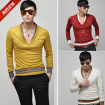Spring and autumn new mens T-shirts with long sleeves V collar casual leave Two leka cotton undershirt volume tailor-made