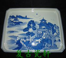 Jingdezhen Cultural Revolution Factory goods porcelain hand painted green flowers (landscape pavilion) Long square large number of tea tray tea tray