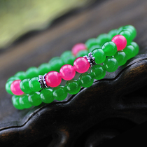 Original Crystal Jewelry 8mm Green Chalcedony with Peach Double Bracelet Women Korean Fashion Vintage