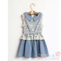 Summer dress new Korean original single children Girl denim casual sweet small lapel dress broken code