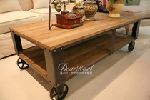American country retro wrought iron coffee table Solid wood storage table Industrial coffee table Wheel coffee table Log coffee table