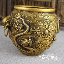 New bronze antique old dragon pattern small tank fish tank Zucai water tank ornaments pure copper cylinder Double Dragon Play Ball cylinder