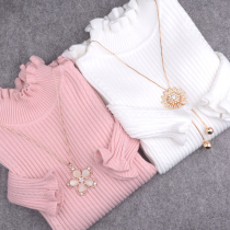High neck lace sweater twist knit Lotus Leaf sleeve elastic slim female pullover base shirt White pink retro