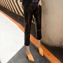2021 autumn and winter new leather leather pants women elastic waist nine-point pants slim slim sheepskin pencil pants tide