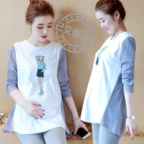 2020 pregnant womens spring new Korean cover mid-length round neck T-shirt bottoming shirt long-sleeved top maternity summer clothes