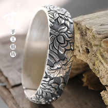 Handmade silverware 999 sterling silver lotus bracelet embossed lotus S999 foot silver snowflake silver Sterling silver bracelet vintage