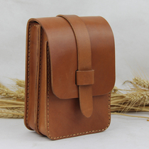 Mens head layer cowhide vegetable tanned leather hand-sewn mobile phone bag double vertical style wear belt hanging fanny pack
