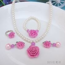Girls jewelry set Princess necklace Korean baby purple rose children necklace bracelet ring ear clip child