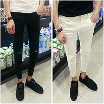 Ankle-length pants mens foot pants summer hole denim pants 9 points Boys beggar pants Korean version of slim style Tide brand