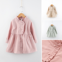 Autumn new girls  mid-length jacket girls wooden ear edge stand-up collar long-sleeved windbreaker Korean version of simple cardigan childrens clothing