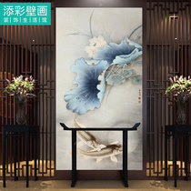 Lotus Lotus Leaf Lotus fish wallpaper beauty salon 8d three-dimensional bump mural porch wallpaper painting entrance wall aisle