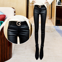 Autumn Winter New Leather Pants Woman Plus Suede Thickened Underpants High Waist Elastic Expatter Slim Outside Wearing Small Leggings Pants Pant Trousers Long Pants