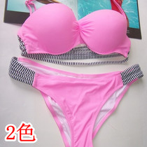 European and American pink sexy big chest steel support gathered beach bikini sexy three-point swimsuit women split hot spring