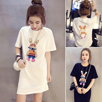 Korea summer short sleeve t-shirt women cartoon print dress slim long T-shirt dress cotton base skirt ins tide