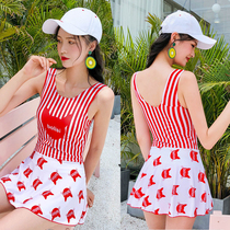 Student one-piece swimsuit skirt boxer ladies sport striped cat girl teenager conservative swimwear