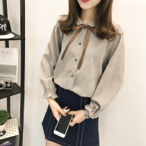 2021 autumn and winter new plus velvet thick corduroy bow long-sleeved shirt womens top design sense niche shirt