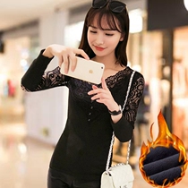 Big code fall T-shirt long sleeve woman gush warm and fatter to increase the undershirt v lead lace sweatshirt with a thin blouse