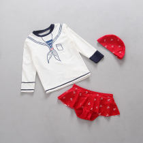  Korean childrens swimsuit girls sunscreen anti-UV long-sleeved baby princess retro Navy style split skirt swimsuit