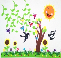 Kindergarten wall stickers Primary School layout classroom decoration childrens wall stickers newspaper Wicker flower tree combination